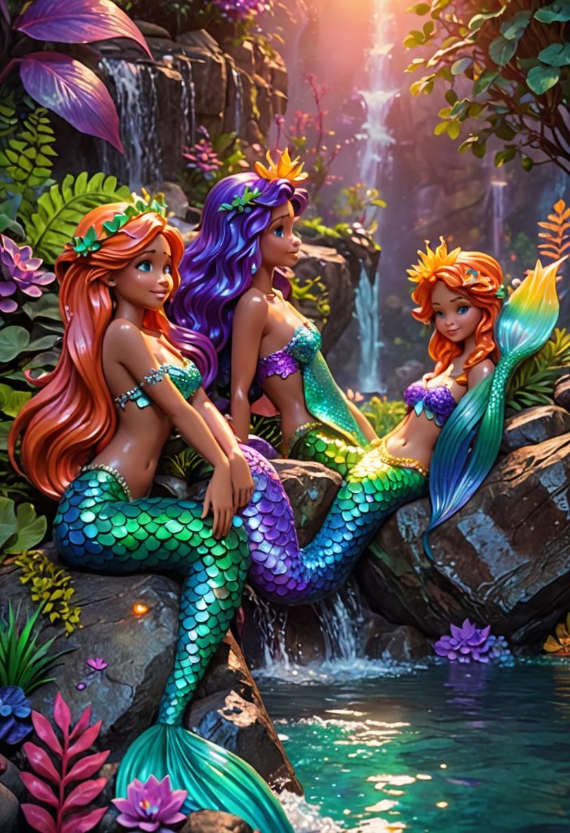 Enchanting Mermaids Resting by a Waterfall: 3D Digital Art