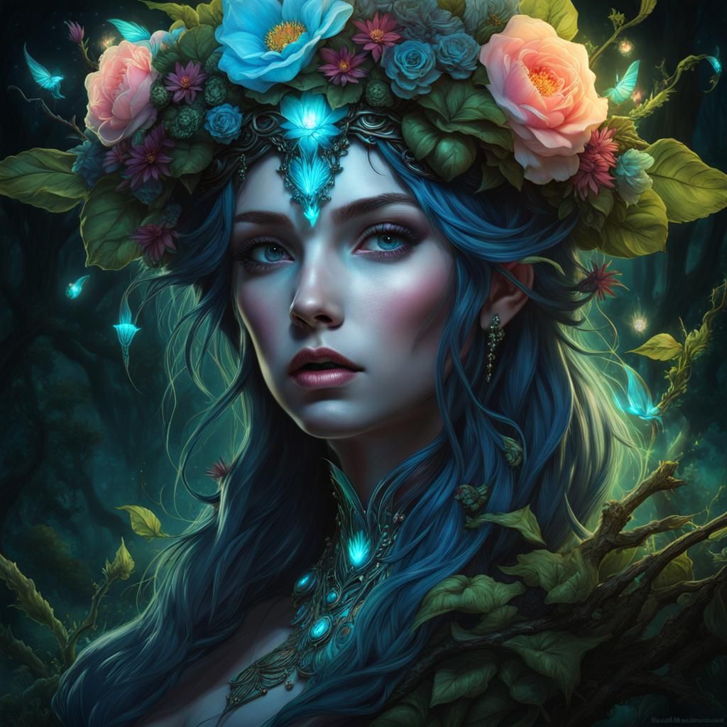 Bioluminescent Elf Fairy in Dark Fantasy Woods