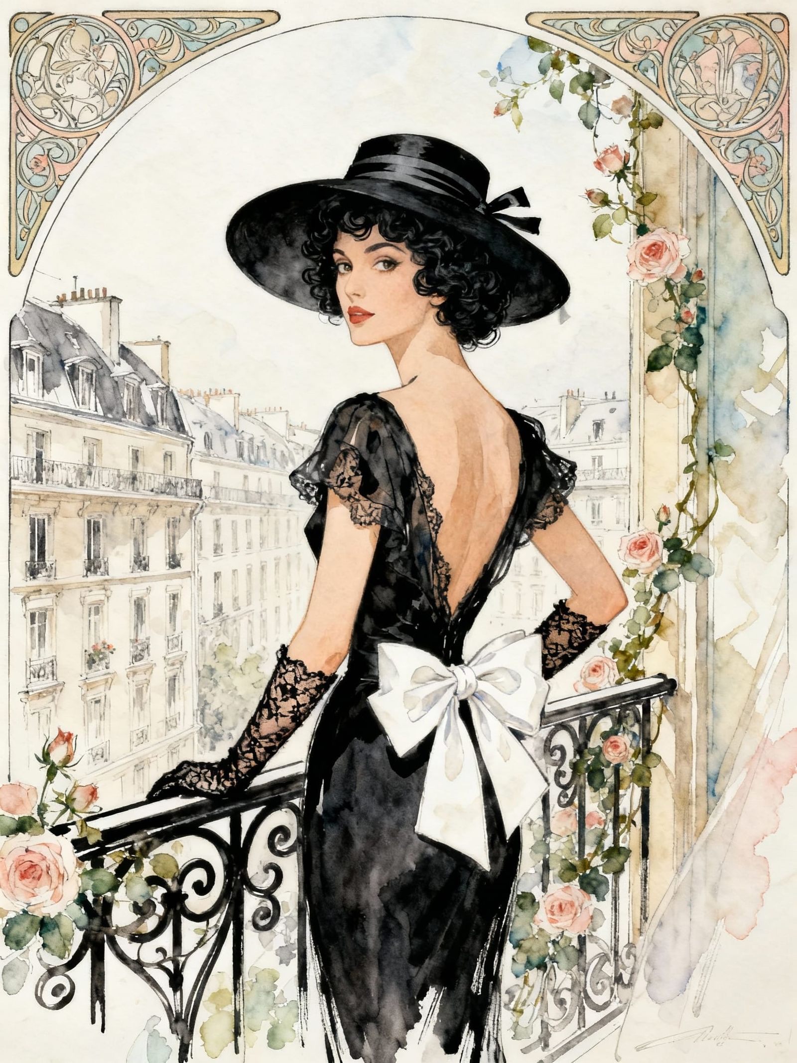 Elegant Woman on Parisian Balcony in Art Nouveau Style