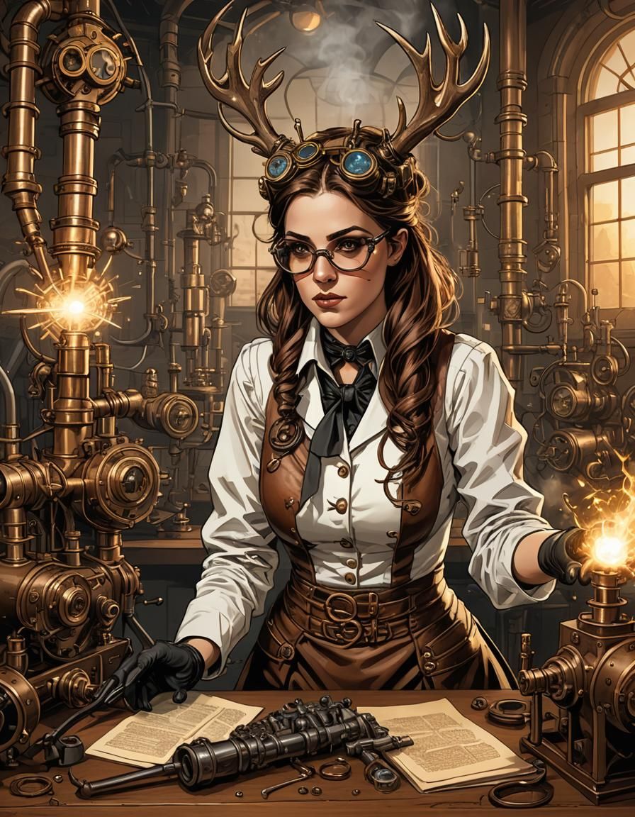 Young woman mad scientist conducts laboratory experiments with a jackalope. Weird science vibe. Pulp aesthetic.