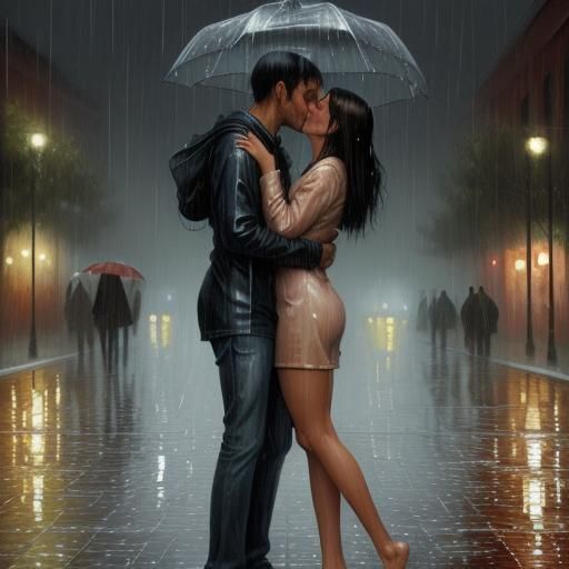 Romantic Kissing in the Rain as Oil Painting
