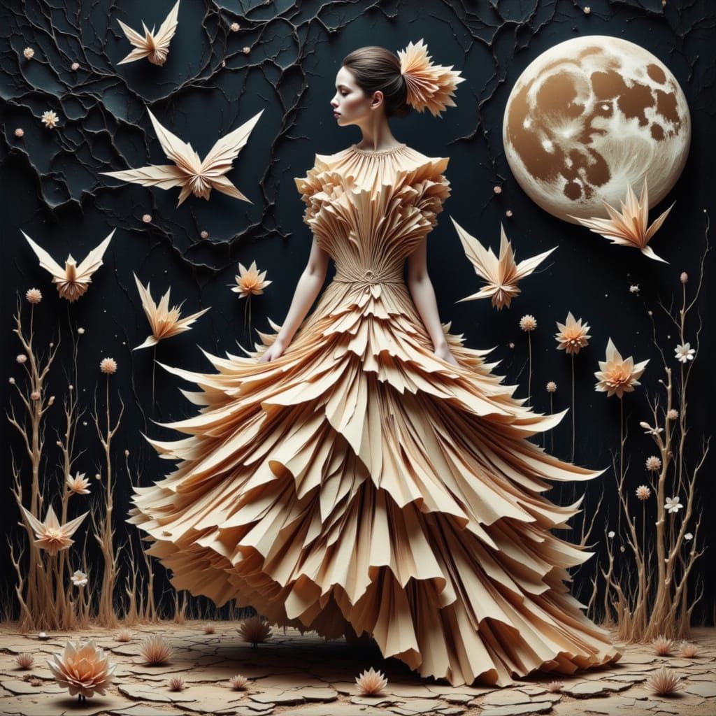 Elaborate Origami Dress in Lunar Dreamscape