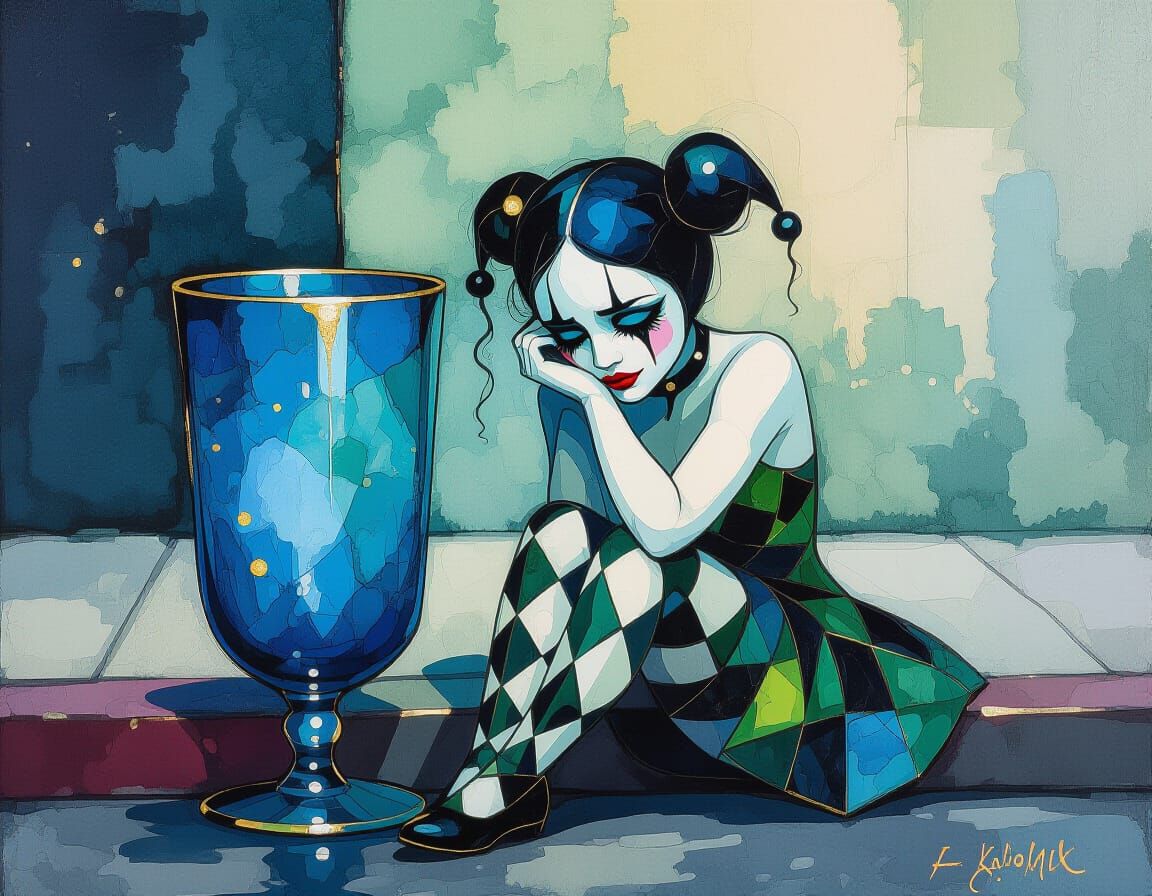 Sad Harlequin in Blue Alcohol Ink Style