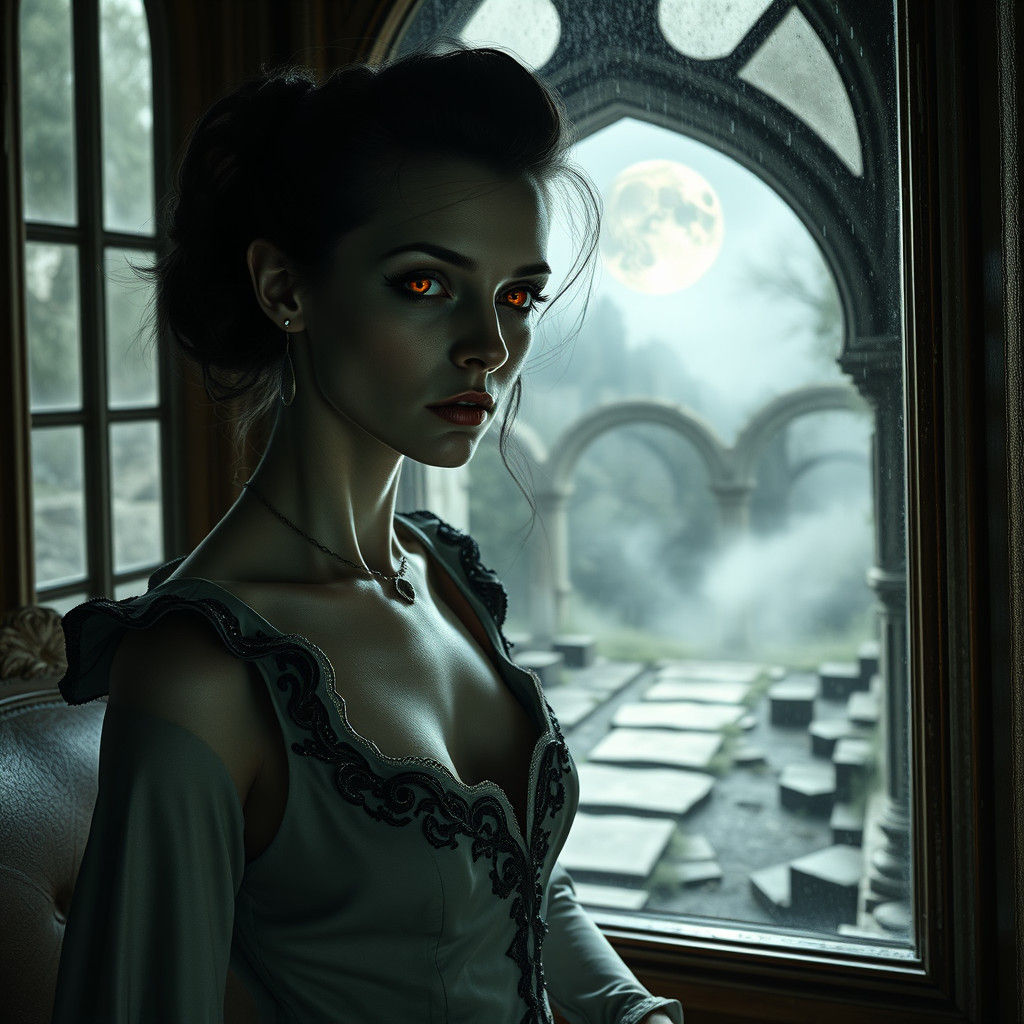 Ethereal Vampire Woman in a Victorian-Gothic DÃ¢te