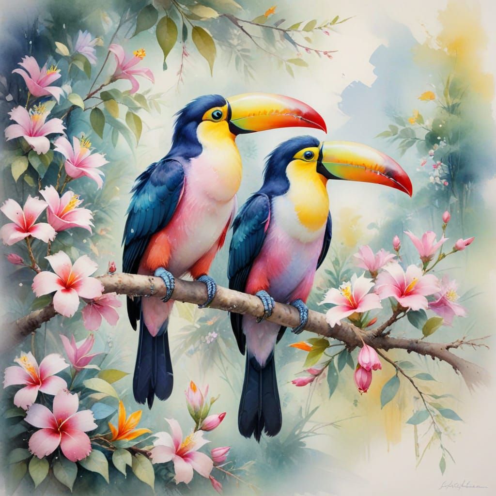 Pastel Toucans in Impressionist Watercolor Style
