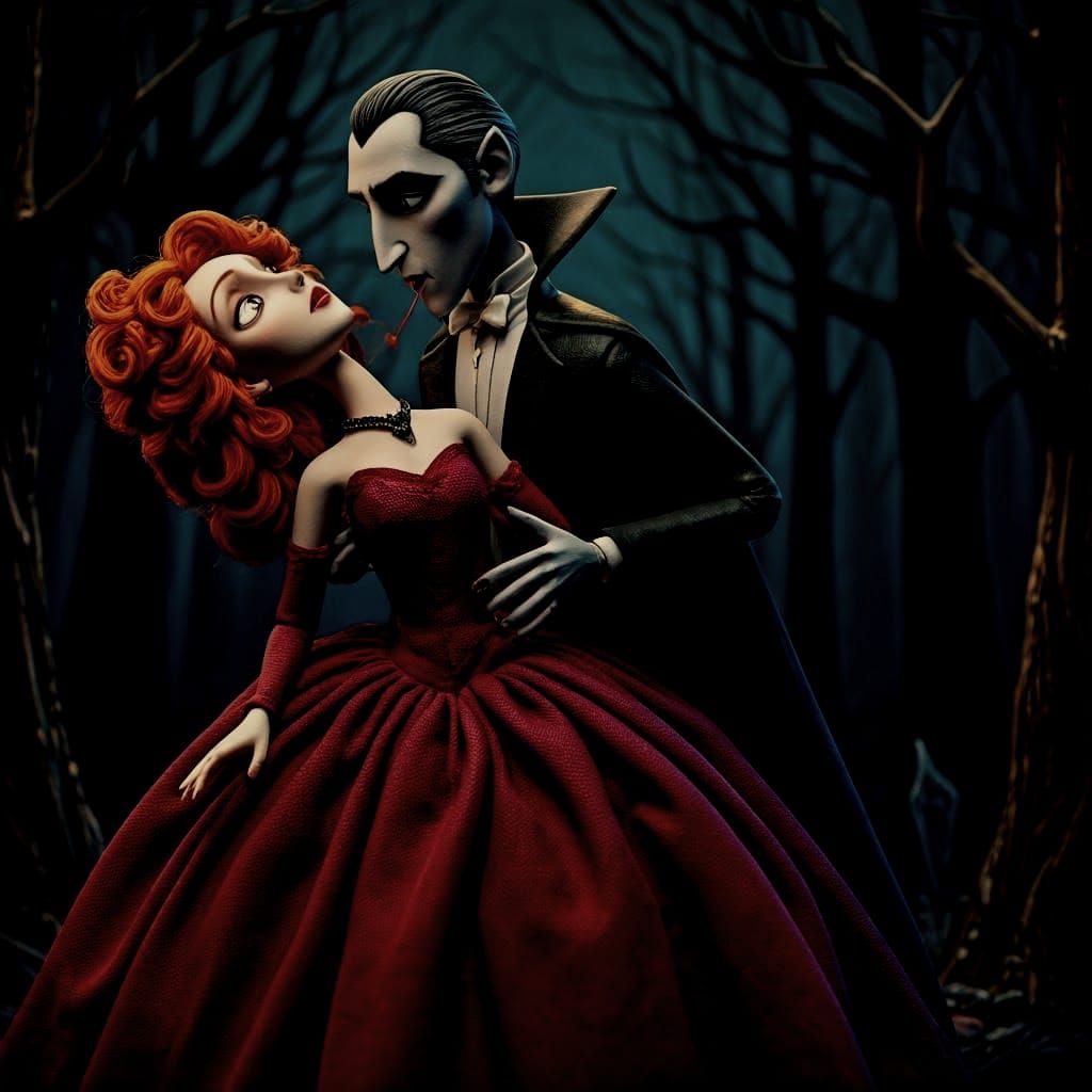 Claymation Dracula Bites Ginger-Haired Woman's Neck