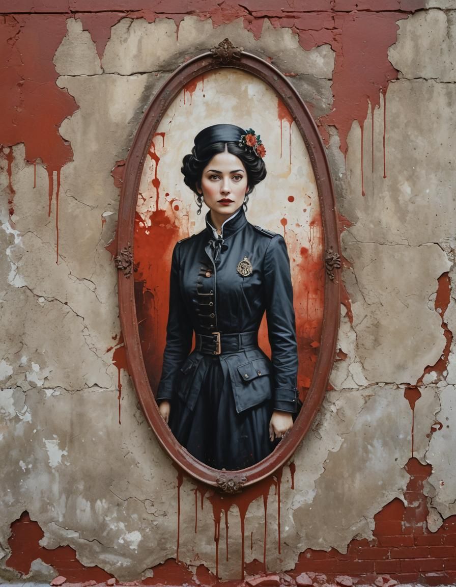 Steampunk Woman: Oval Watercolor Portrait with Floral Frame