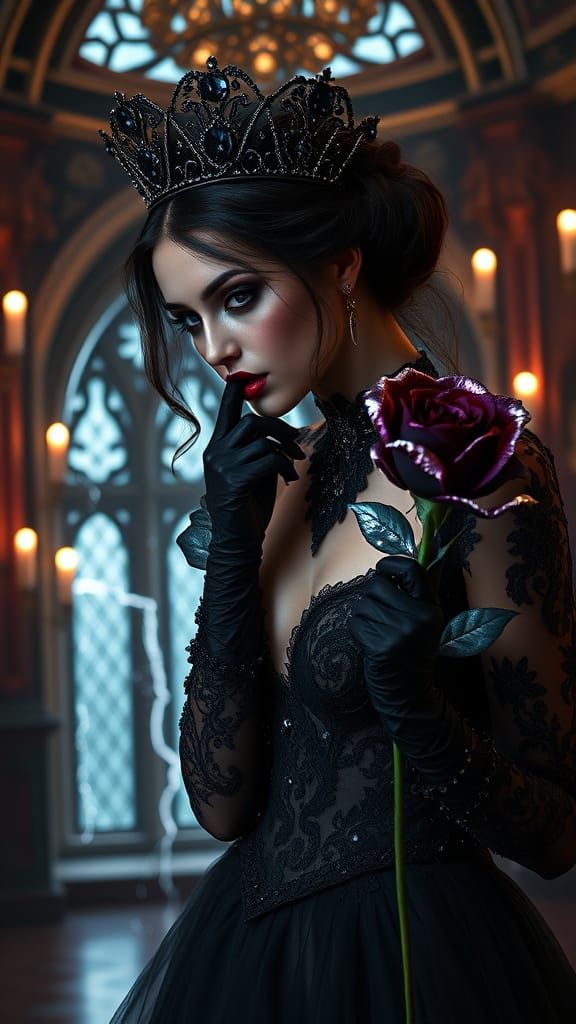 Gothic Woman with Black Rose in Castle Hall