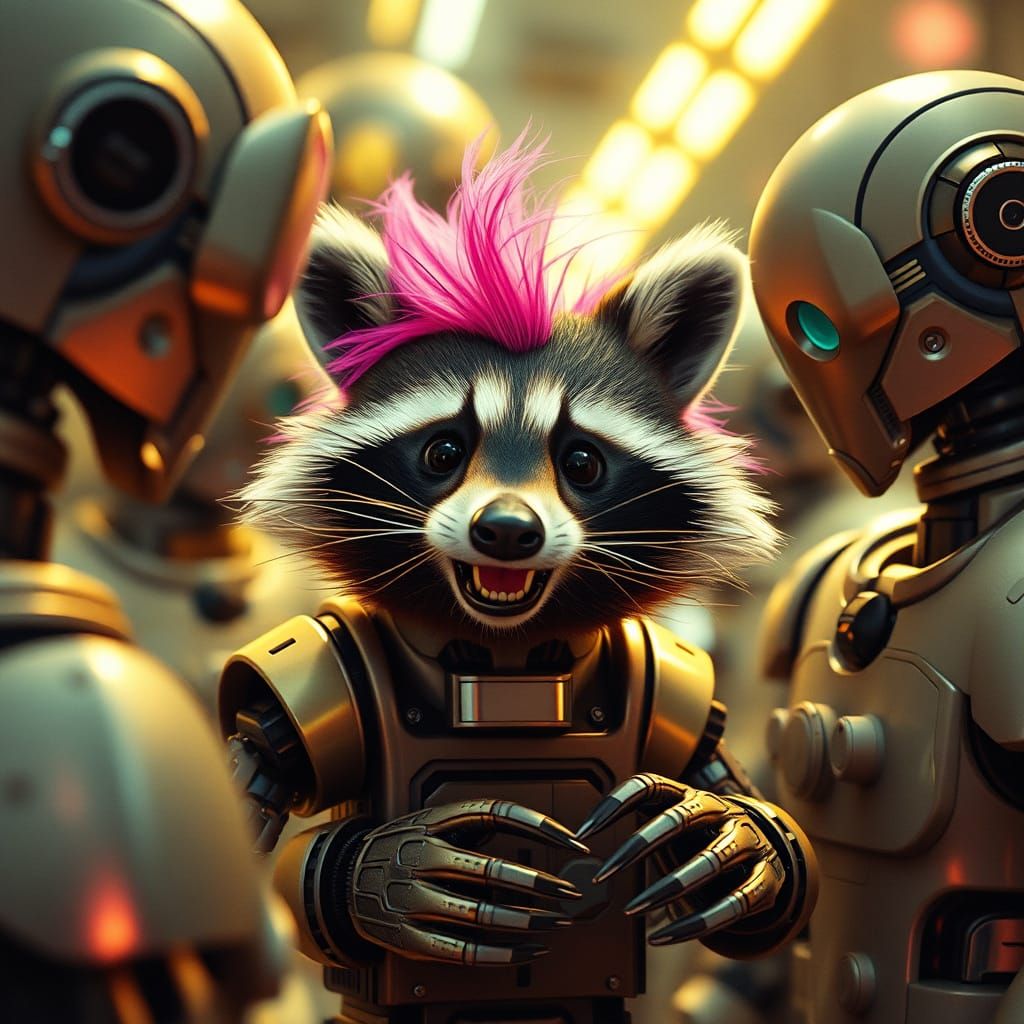 Mischievous Raccoon Reprograms Robots in Futuristic Style