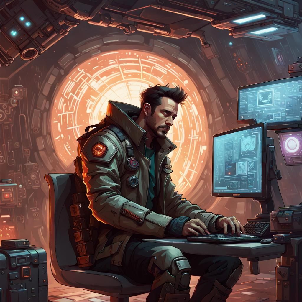Man with Laptop in Cyberpunk Military Armor
