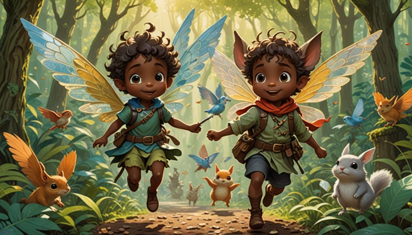 Chibi Anime Nubian Faerie in Whimsical Woodland Adventure