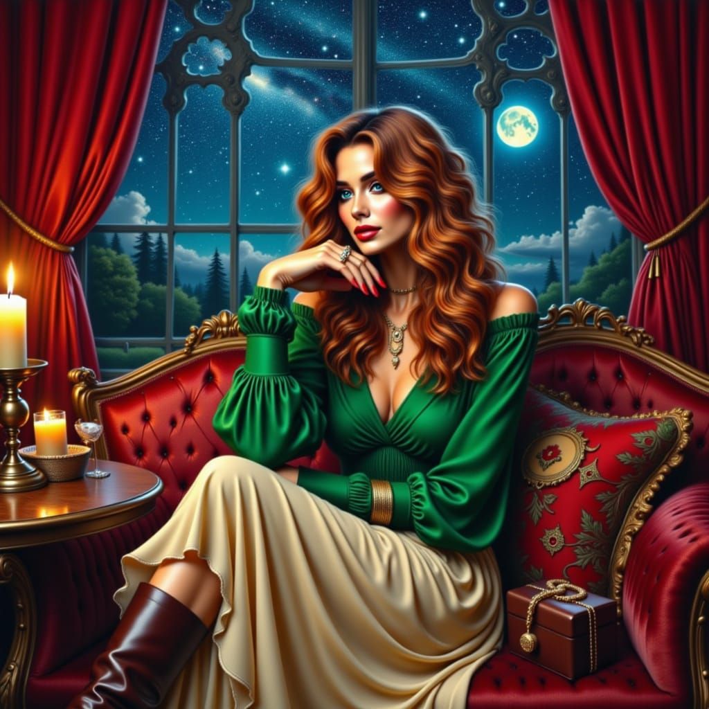 Woman in Velvet Room Gazing at Starry Night