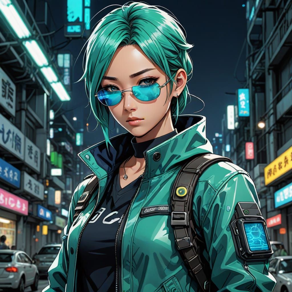 Rebellious Anime Heroine in Cyberpunk Gear
