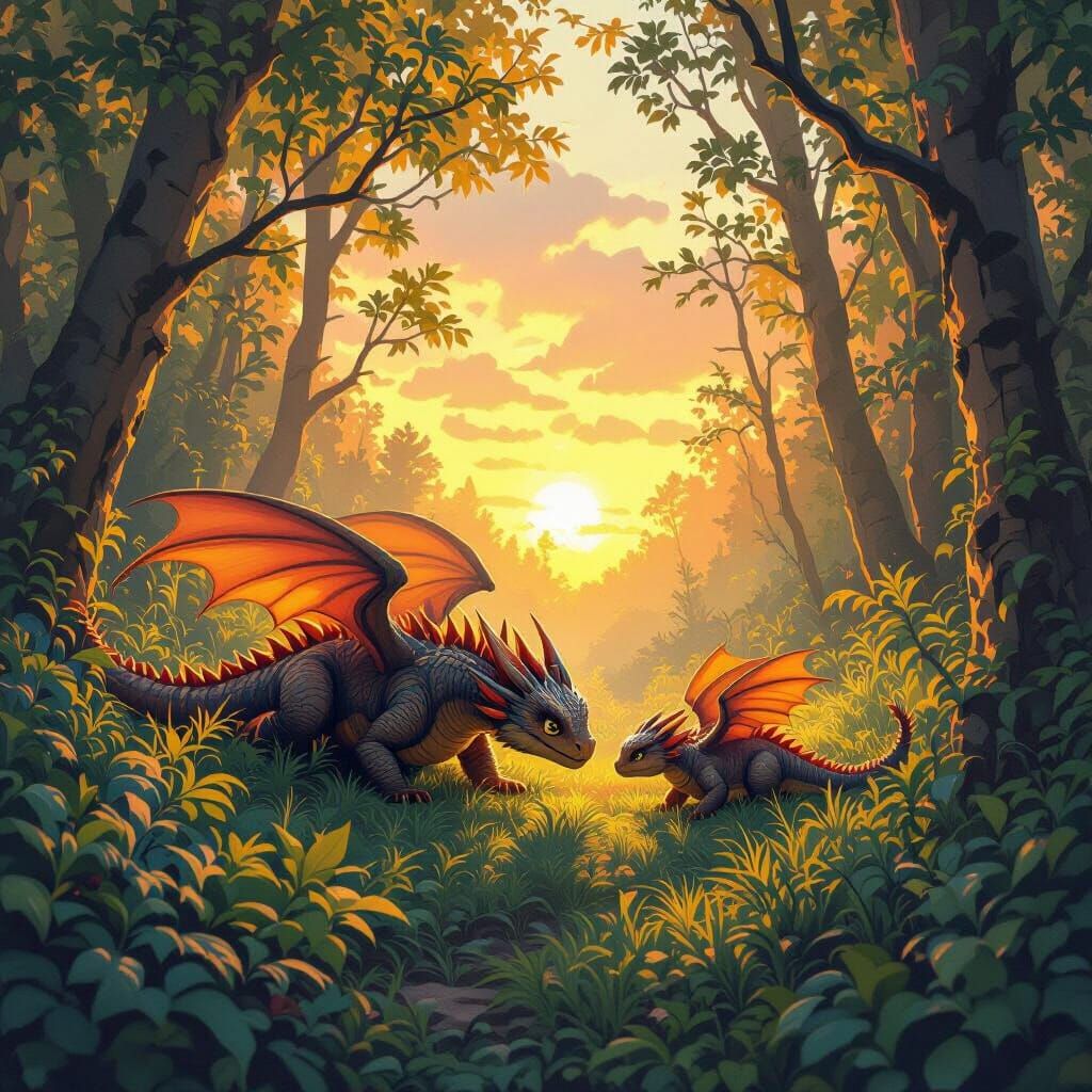 Dragon Family Crawling Through Vibrant Woodland at Sunset