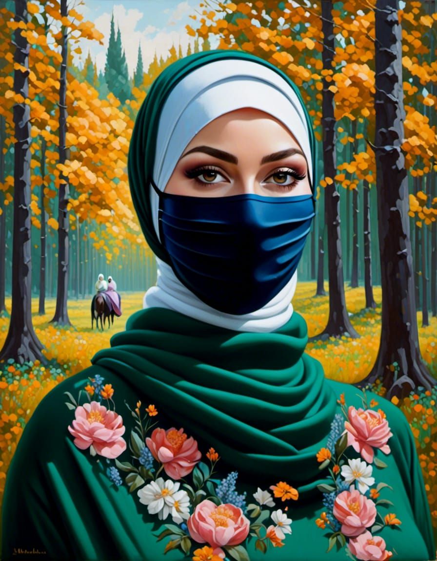 Beautiful Woman with Facemask in Forest, Oil Painting