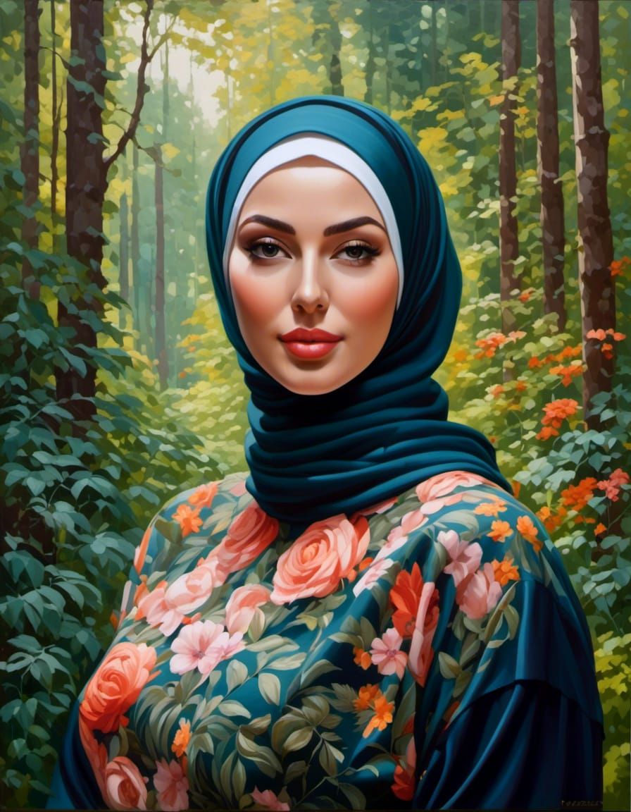 Woman in Hijab and Mask in Lush Forest