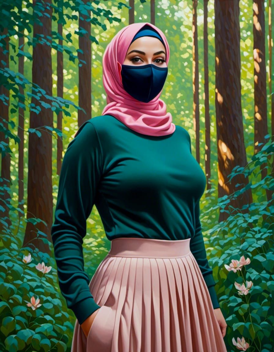 Woman in Hijab and Mask in Forest, Oil Painting