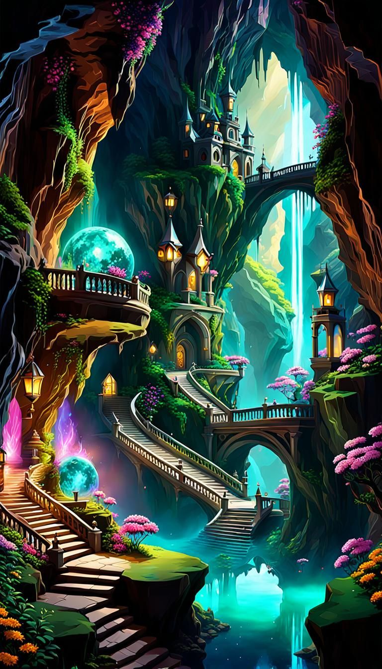 Isometric Fairy Academy in Underground Cave: Digital Art