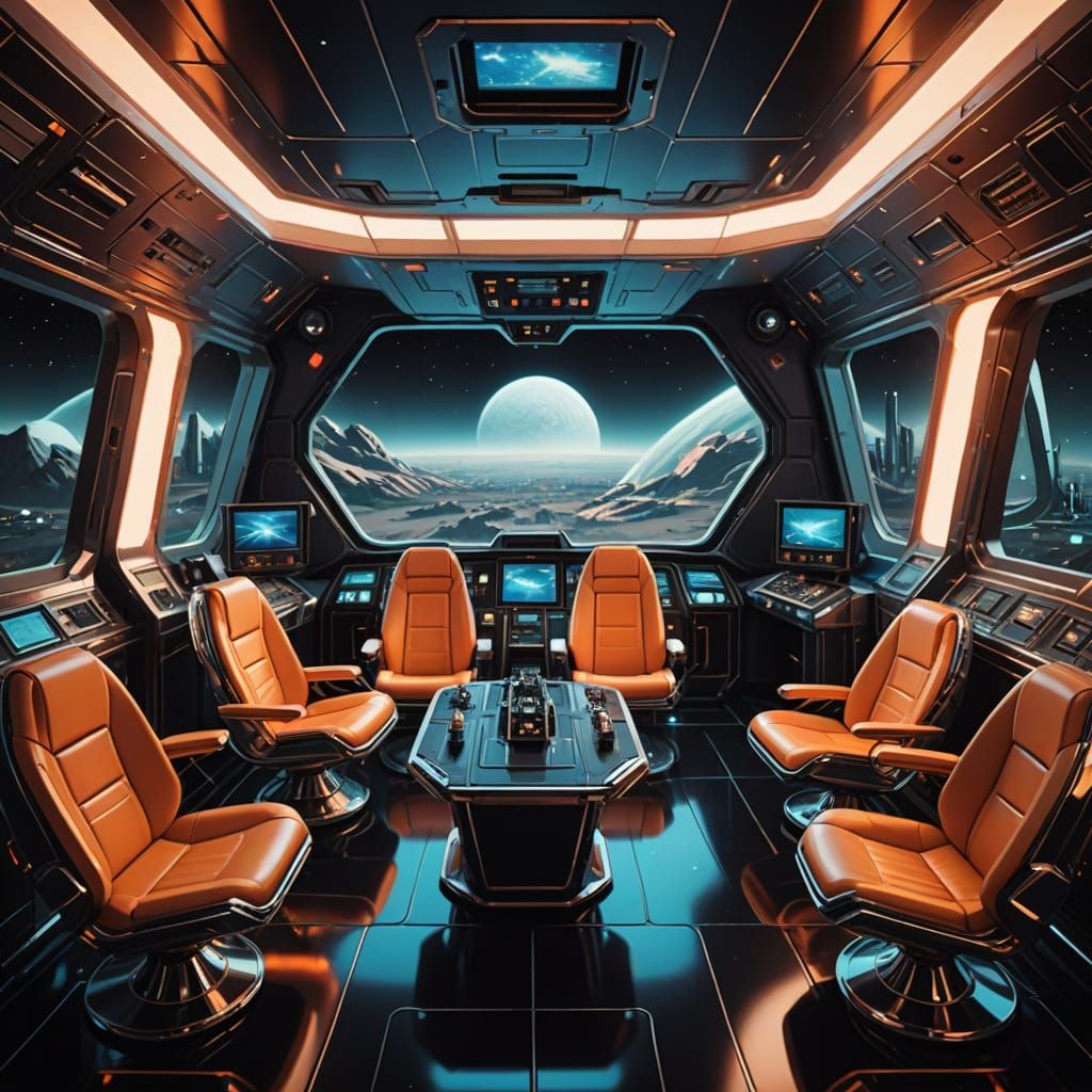 Sleek Retro-Futuristic Spaceship Interior with Luxurious Acc...