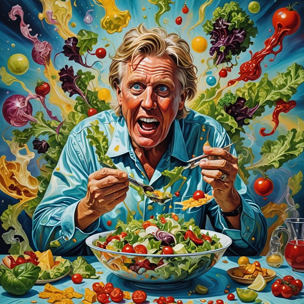 Gary Busey eating a big, audacious, heaping bowlful of SALAD
