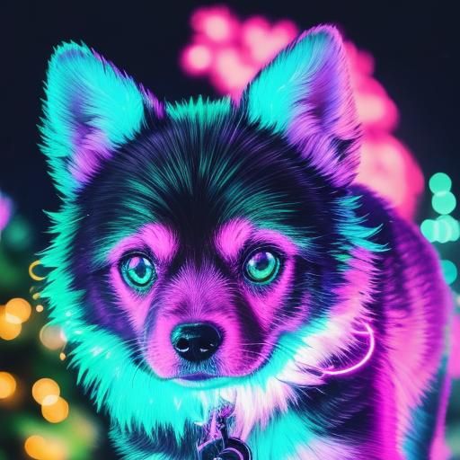 Synthwave Puppy's Neon Christmas: Retro Cyberpunk Art