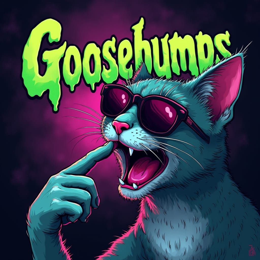 Cat with Sunglasses in 90s Horror Comic Style