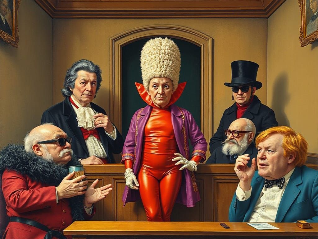 Comical Courtroom Scene in Neo-Impressionist Style