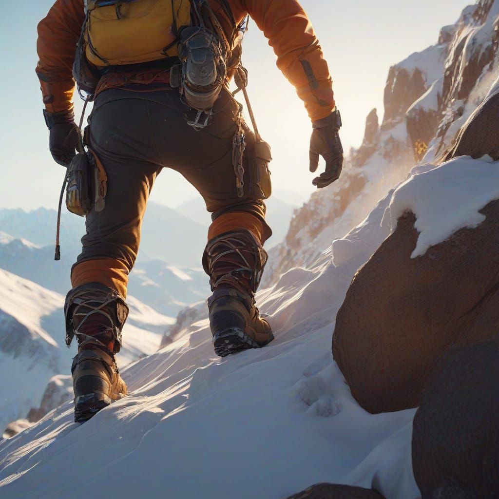 Fantasy Climber on Mountain Peak in Golden Light