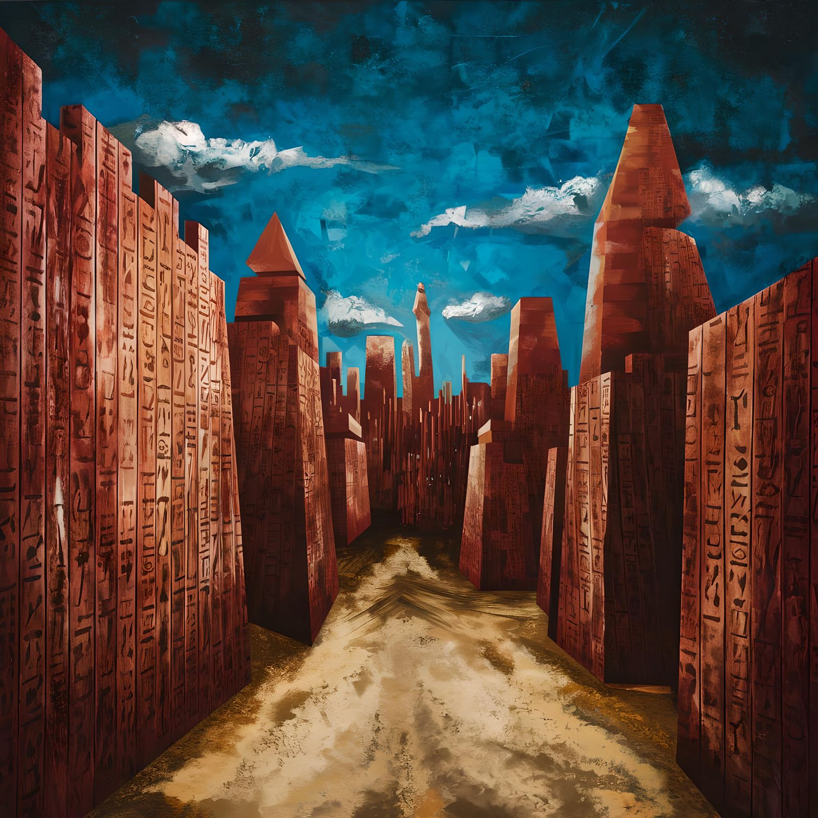 Abstract City with Blood-Red Walls and Hieroglyphs