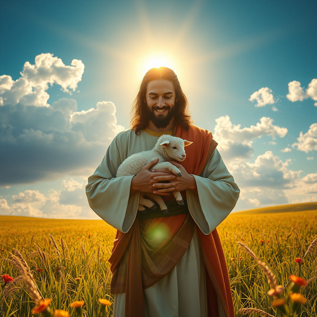 Jesus Christ with Lamb in Golden Field