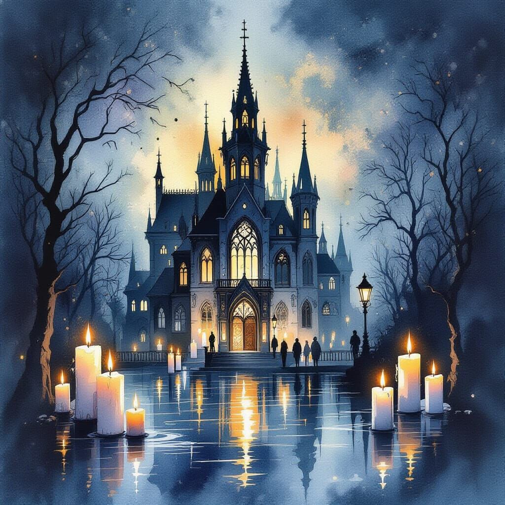 Gothic Museum Illuminated by Candles in Watercolor Splatter ...