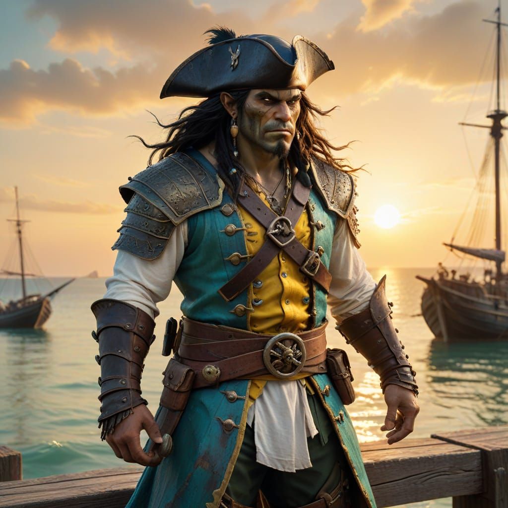 Vibrant Pirate Warrior Defies Sunset in Exotic Harbor