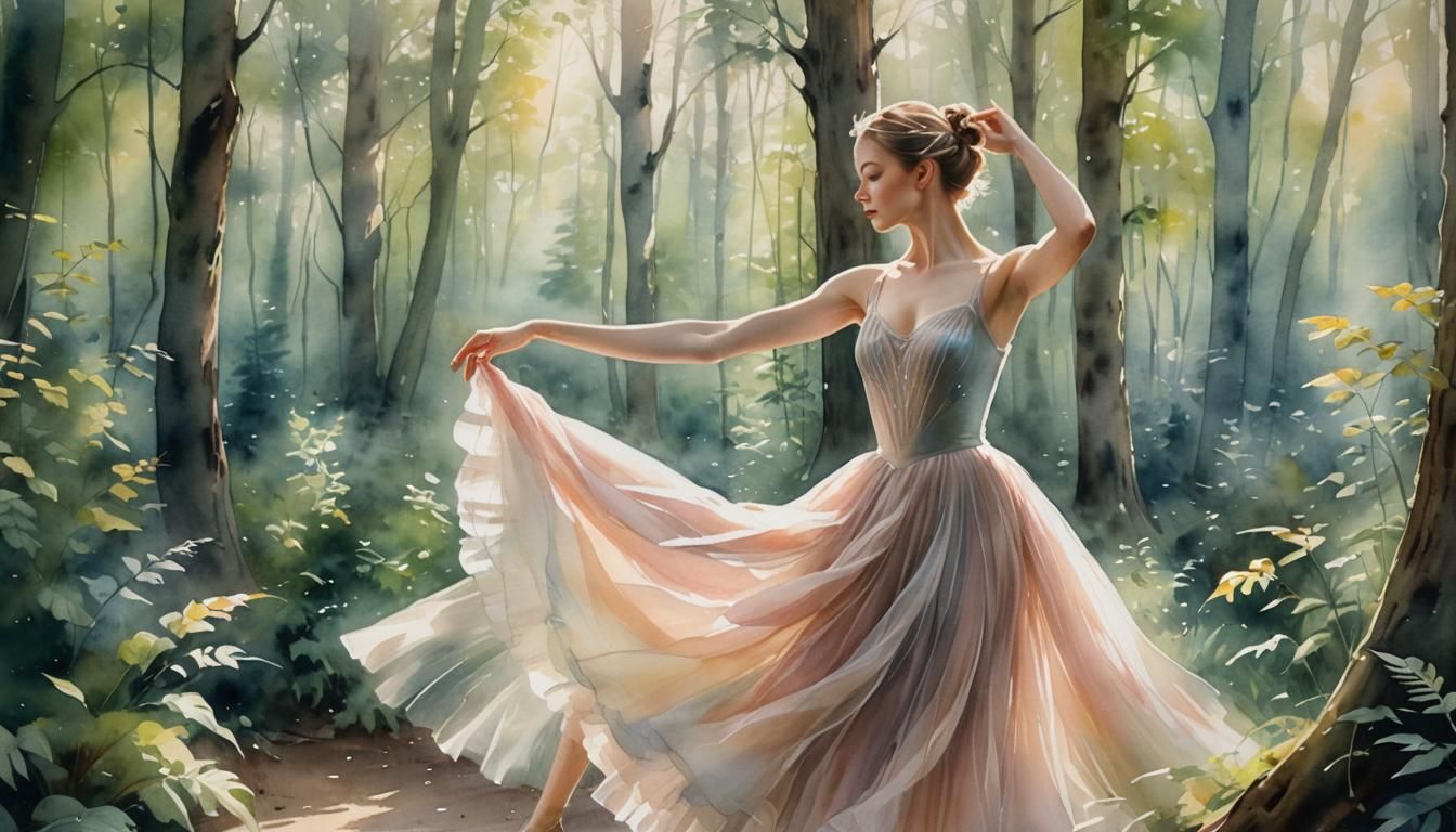 Ballerina Dances in Dreamy Forest: Romantic Watercolor