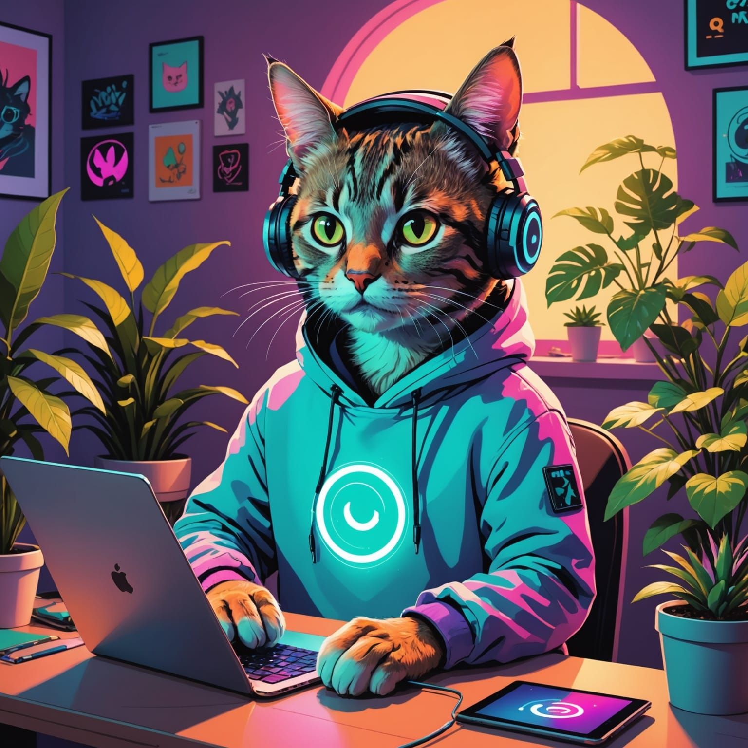 Gen Z Cat Vlogging with Ring Light as Digital Art