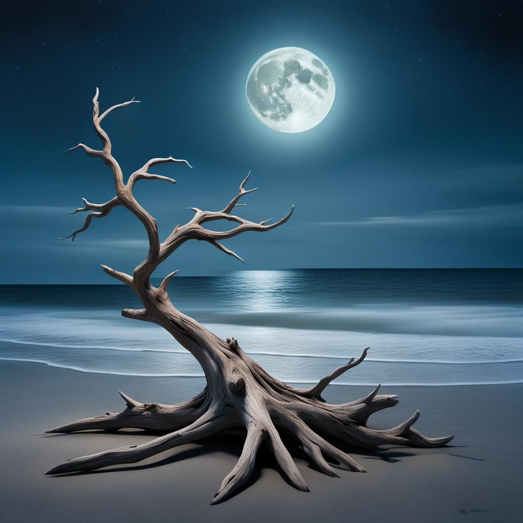 Moonlit Beach Surrealism with T-Branch Tree