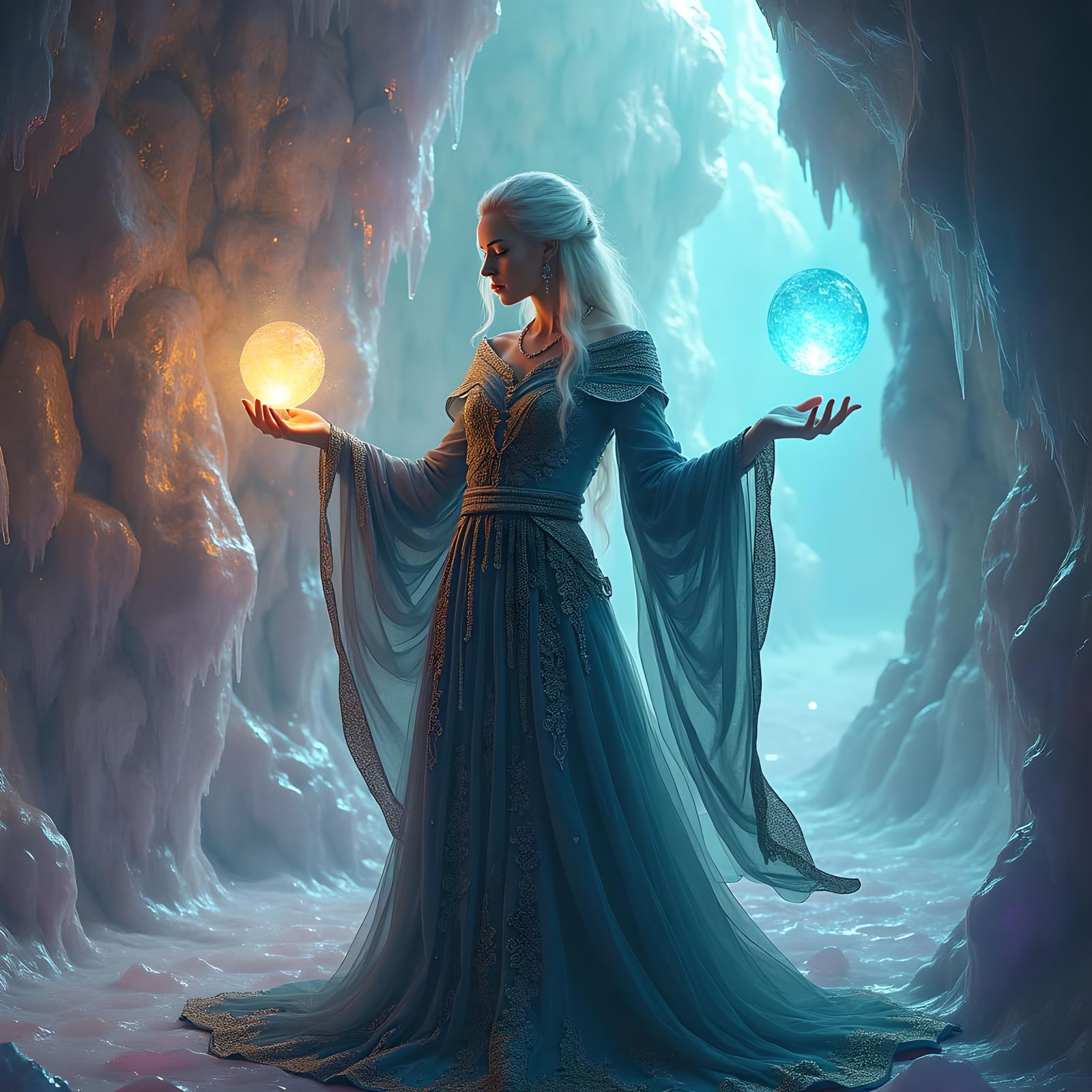 Sorceress in Crystal Cave with Mystical Energy