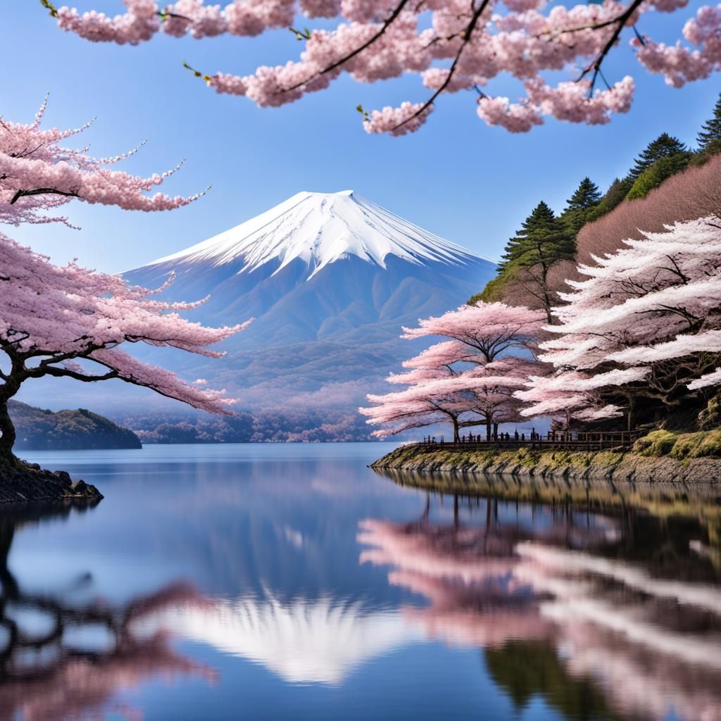 Mount Fuji Reflected in Lake Ashi with Blossoms