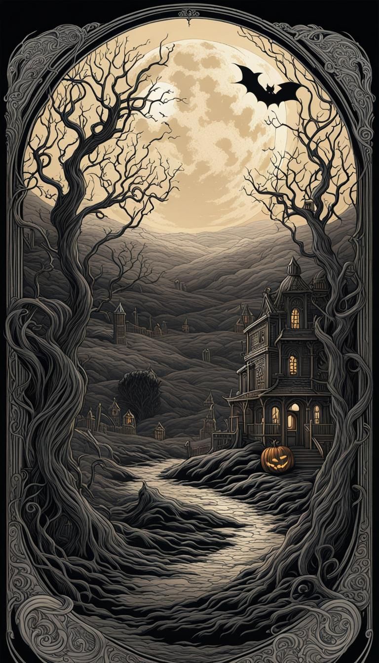 Sinister Art Nouveau Halloween Moonscape in Line Art