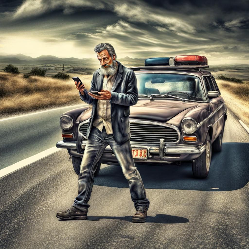 Hyperrealistic Car Scene: Man Using Phone Mount