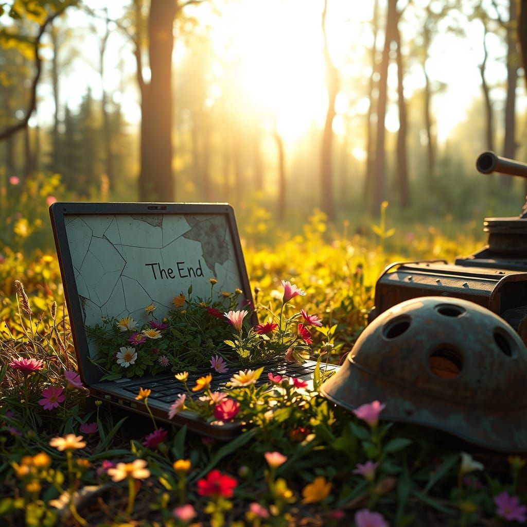 Serene Forest Glade with Abandoned Laptop and Forgotten War...