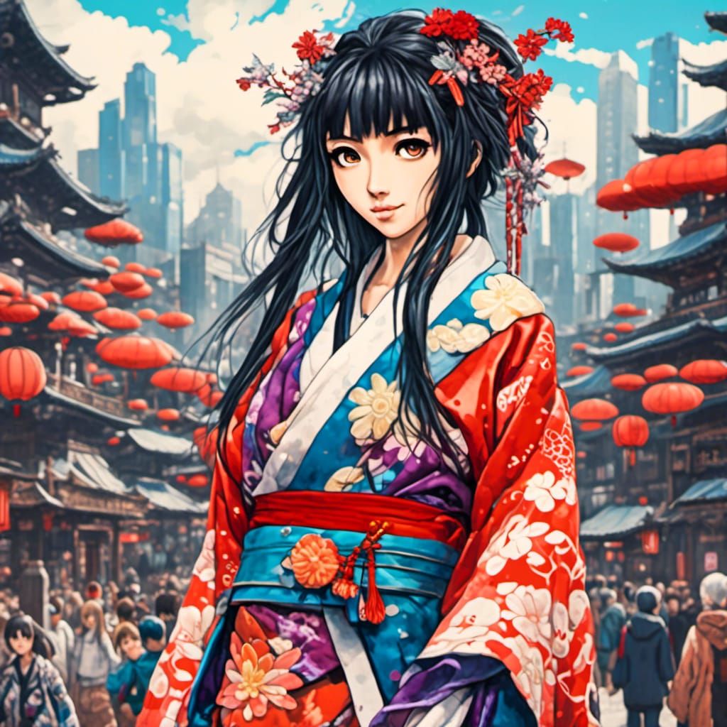 A girl in a typical anime style setting. She has expressive ...