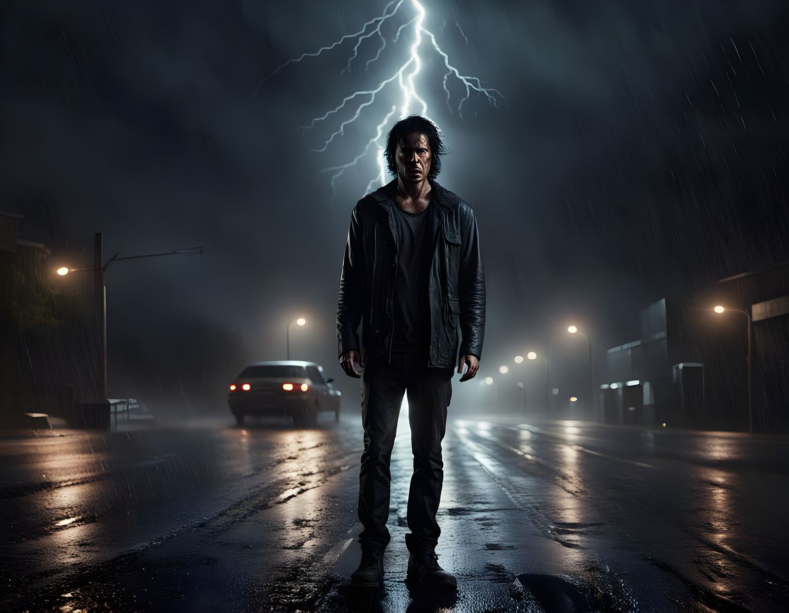 Man in Midnight Despair on a Rain-Soaked Highway
