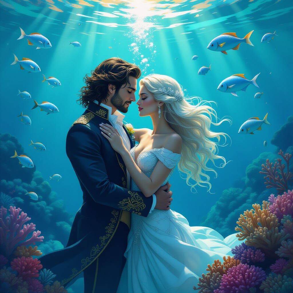 Underwater Embrace of Human and Merman, Dreamy Art