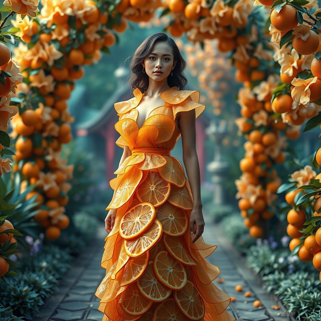 Surreal Orange Peel Couture Fashion in Vibrant Garden Settin...