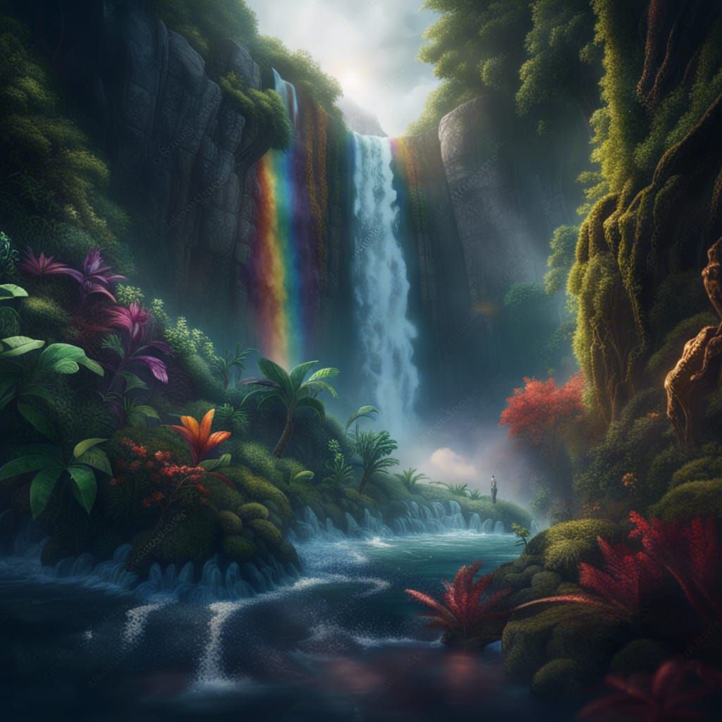 Detailed Waterfall Scene in Fantasy Concept Art