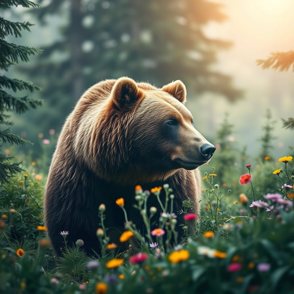 Ethereal Grizzly Bear in Serene Forest Landscape