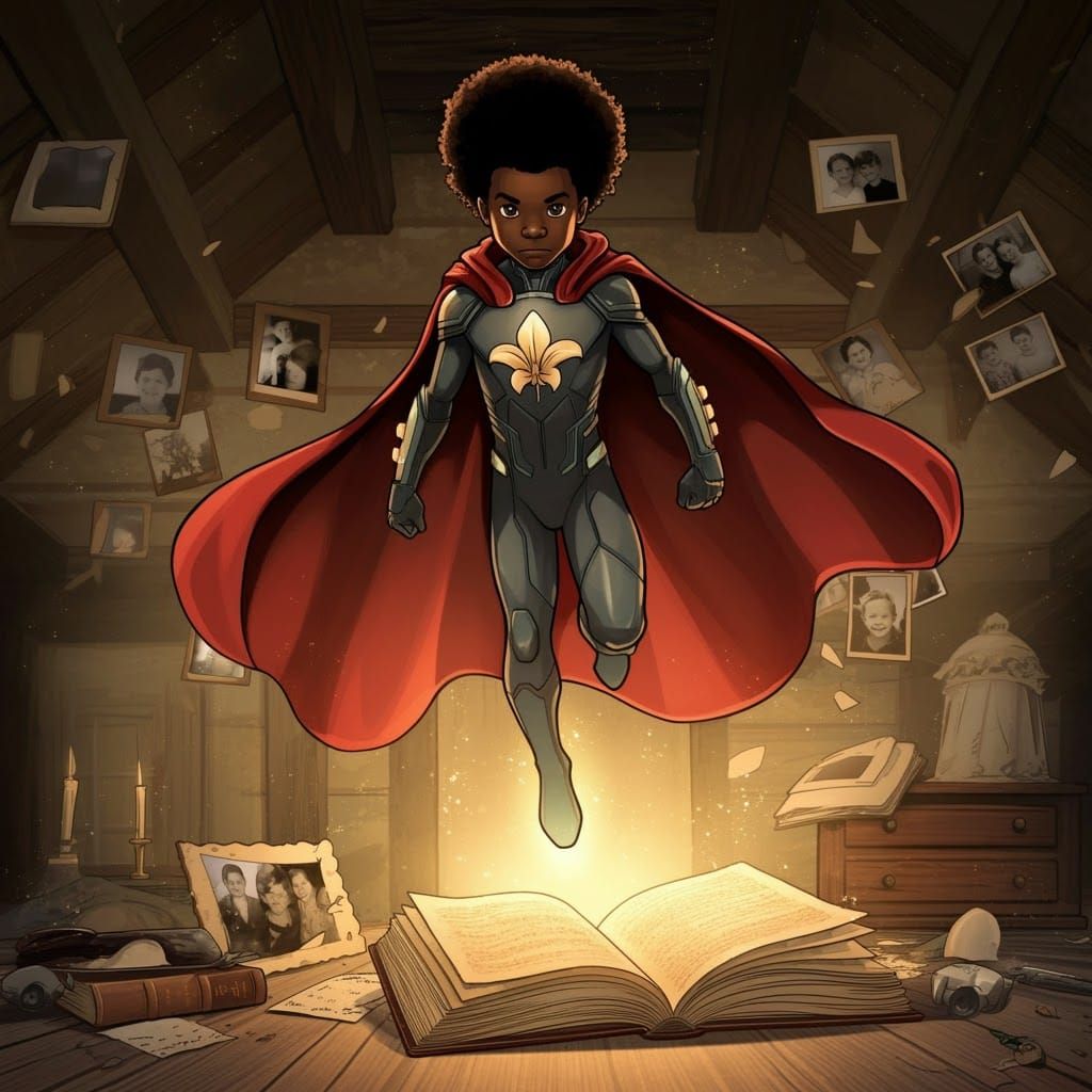 Afro Boy Superhero Levitates in Nostalgic Comic Book Scene