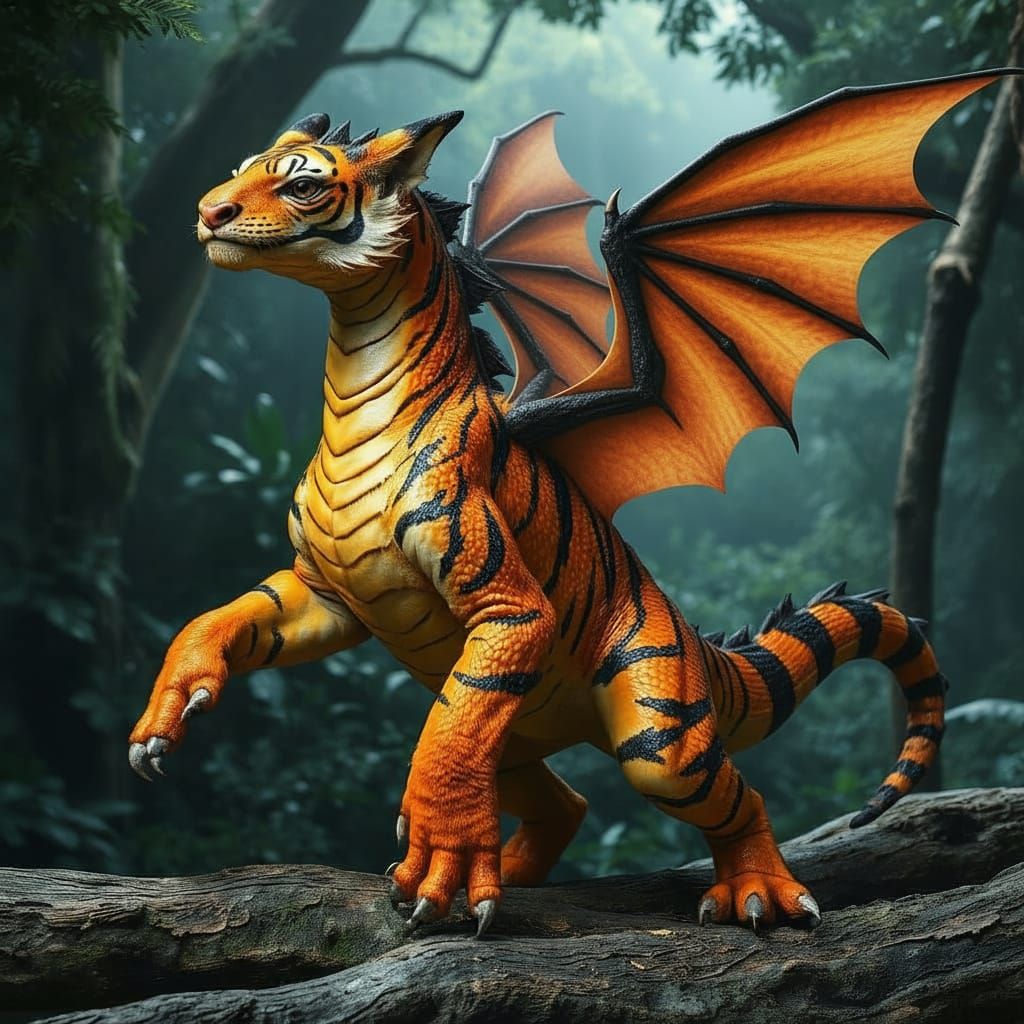 Mythical Tiger-Dragon With Bat Wings in Jungle