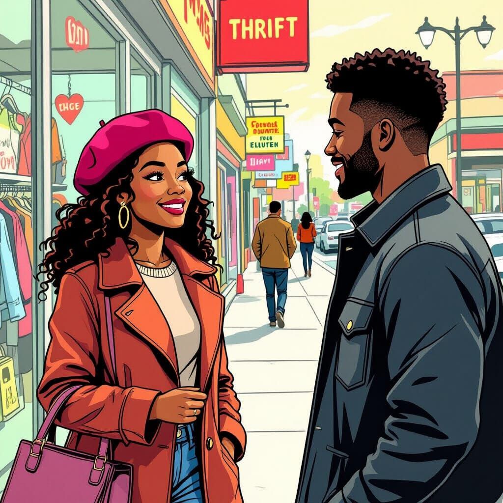 African American Woman in Raspberry Beret at Shopping Center