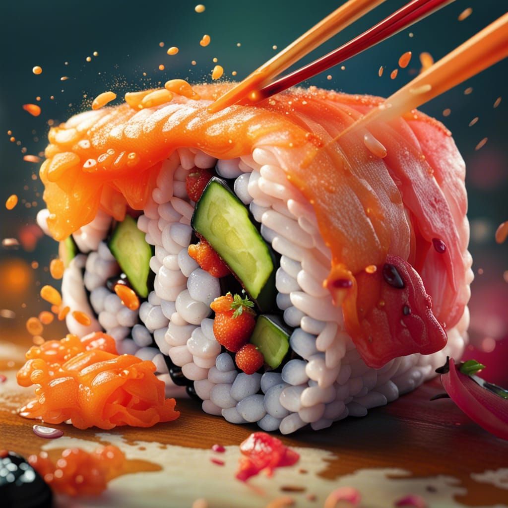 Hyperrealistic Sushi Splash Art, Detailed Concept